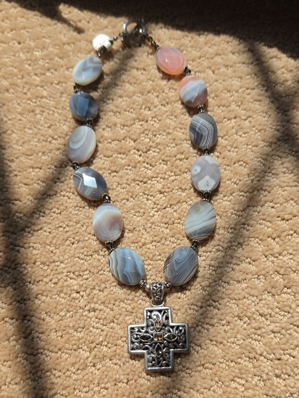 Barse Original Agate Bead Cross Pendant Necklace - Blue & Pink